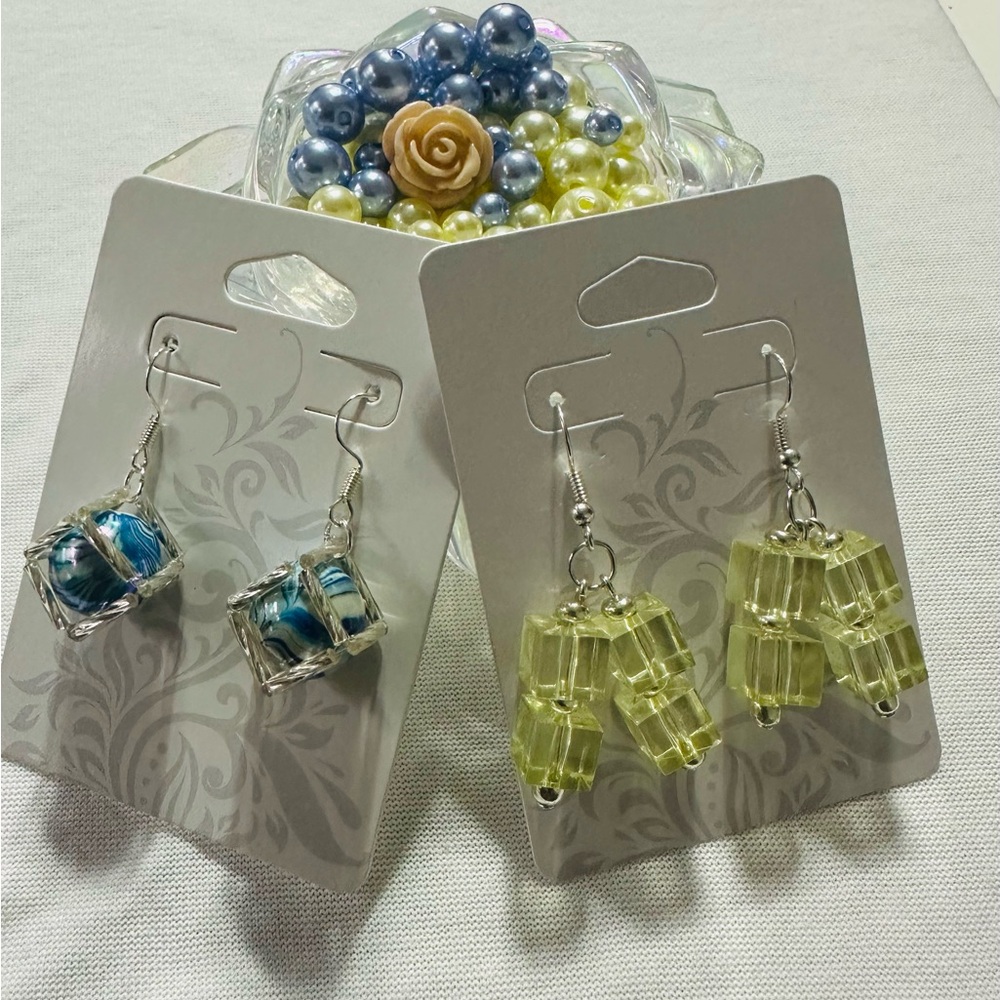 Blue and Yellow Beaded Earrings Set
